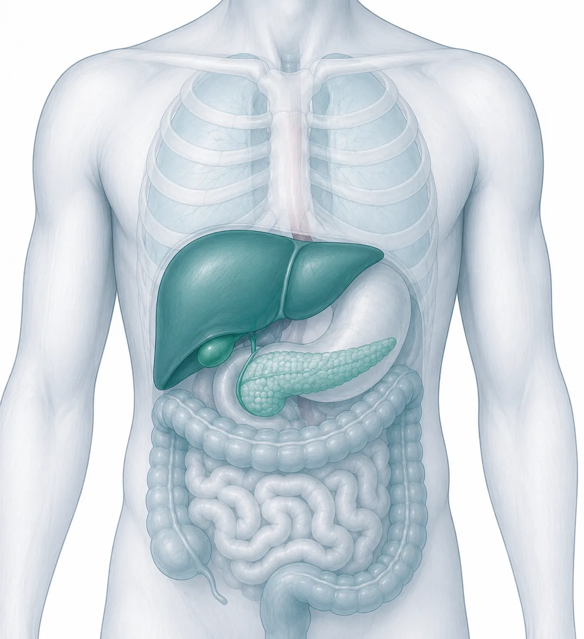 Umístění jater a slinivky břišní v horní části břicha
