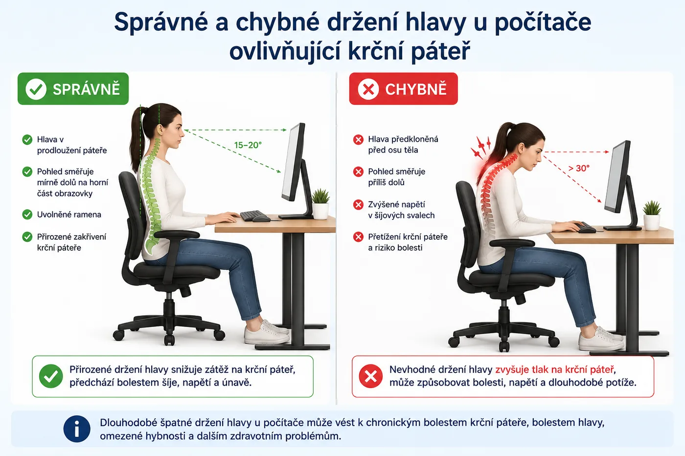 Správné a chybné držení hlavy u počítače ovlivňující krční páteř