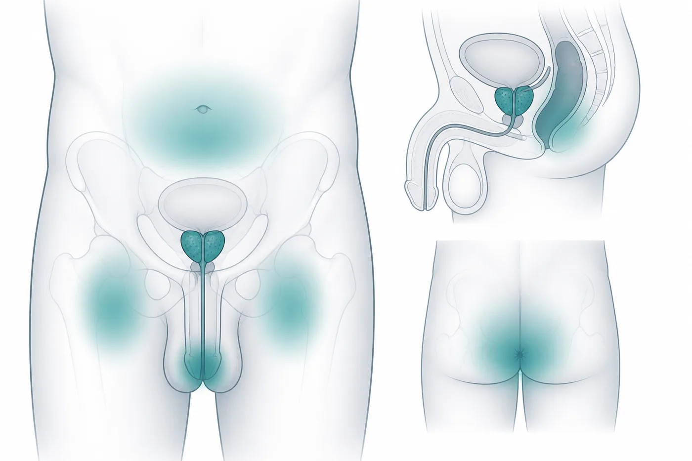 Oblasti, kam vyzařuje bolest z prostaty – hráz, podbřišek, třísla a konečník