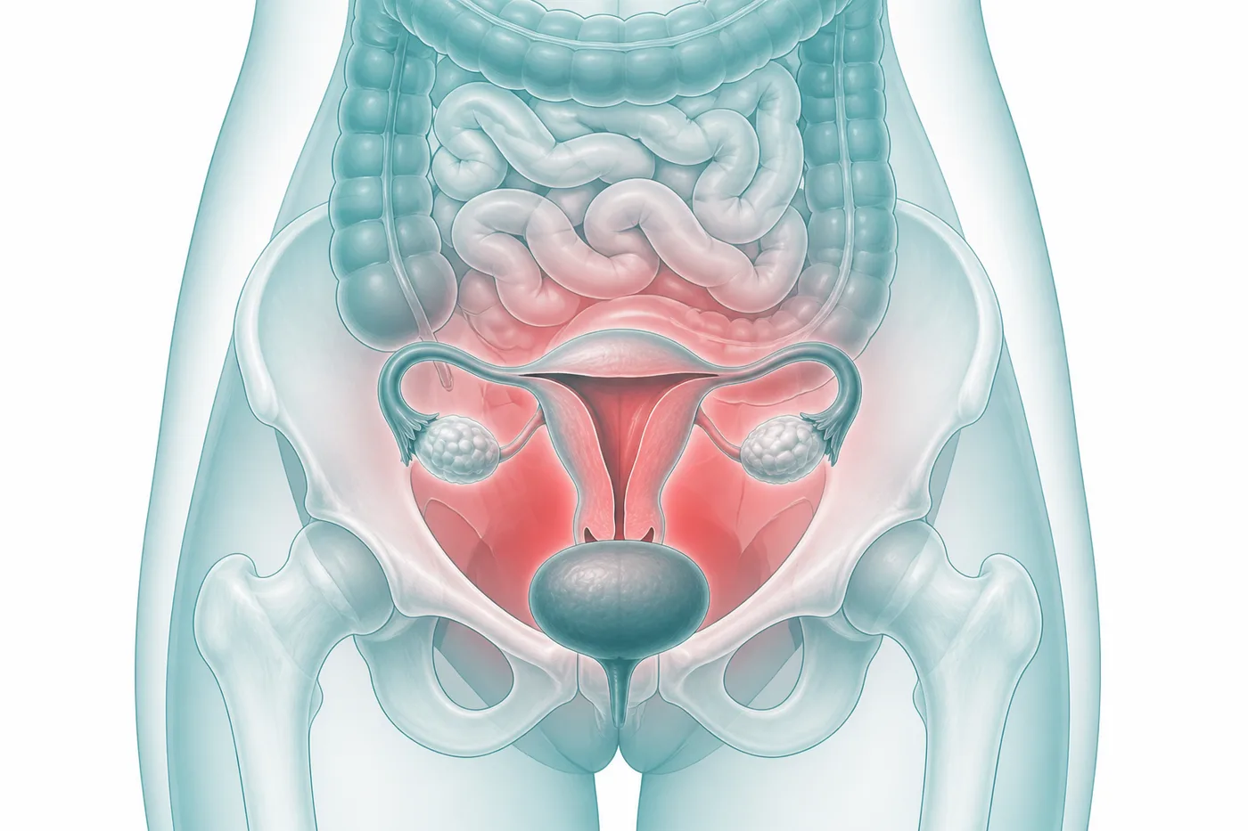 Ženský podbřišek s vyznačením oblasti bolesti mimo menstruaci